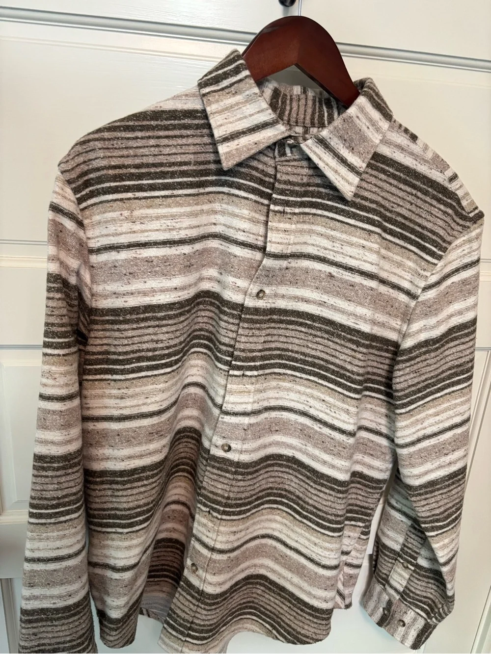 Banana Republic Men’s Large Striped Shirt Jacket (Shacket) Brown Cream Snap Fron